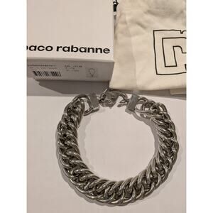 100% Auth Paco Rabanne Heart Lock Chain Link Choker Necklace Silver
